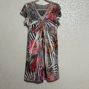 One World Women's Multicolor Zebra Butterfly Print Rhinestone‎ V-neck Dress Sz L